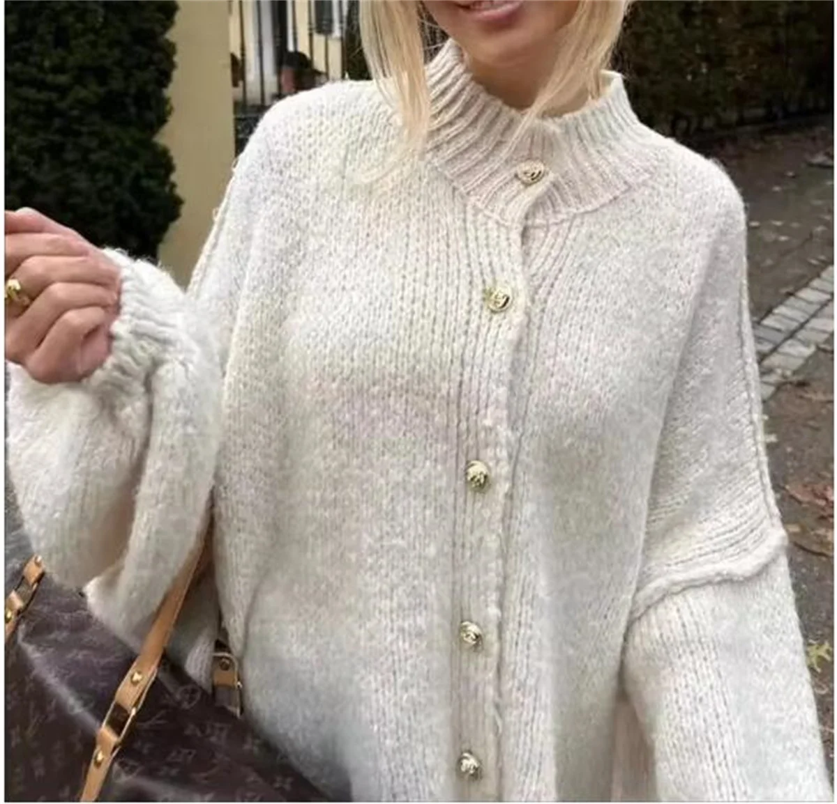 Dzianinowy kardigan damski z okrągłym dekoltem 2024 Jesień Zima Długi rękaw Luźny płaszcz damski Hight Street Chic Pullover Lady Tops