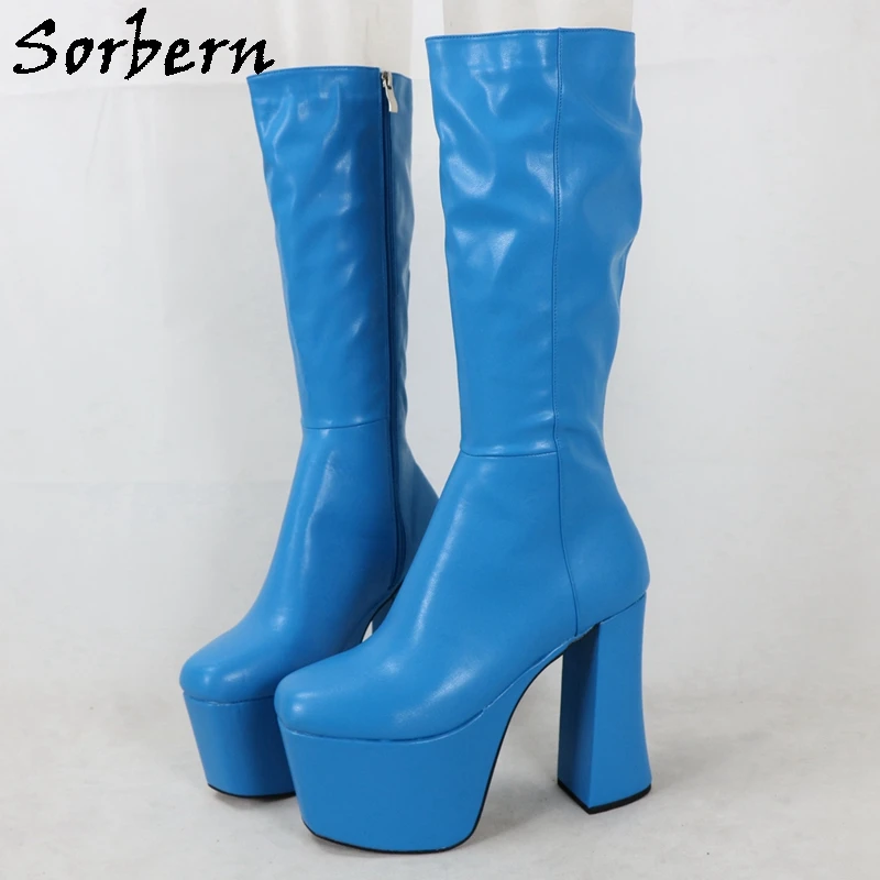 Sorbern รองเท้าส้นตึกผู้หญิงรองเท้าบูทยาวถึงเข่าด้านสีน้ำเงิน, รองเท้าพื้นสูงสไตล์ unisex ขากว้างหรือบางออกแบบได้ตามต้องการ