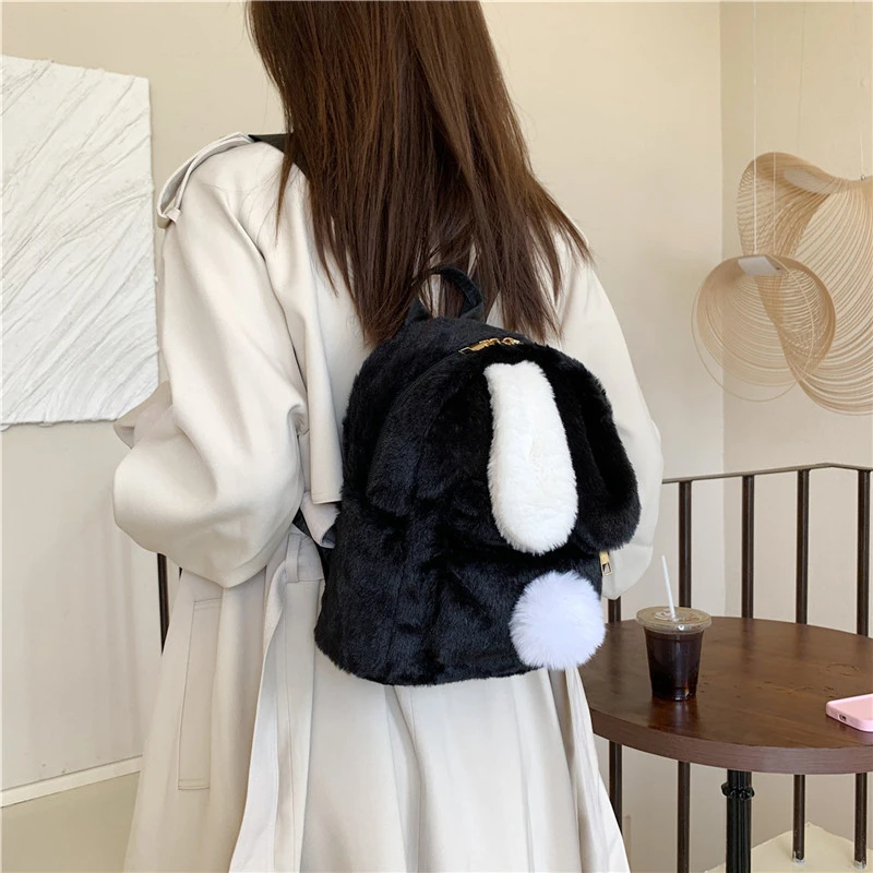 Rabbit Fur Backpacks For Women Winter Mini Fluffy Shoulders Bag Doll Knapsack Y2K Packbag Furry Rucksack Kawaii Plush Mochila