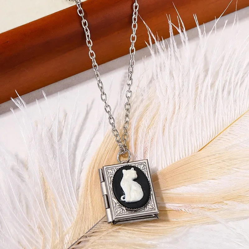 Gothic Noble Cameo White Cat Pendant Necklace Cat Book Pendant Necklace Earrings Teen Girls Party Jewelry Accessories