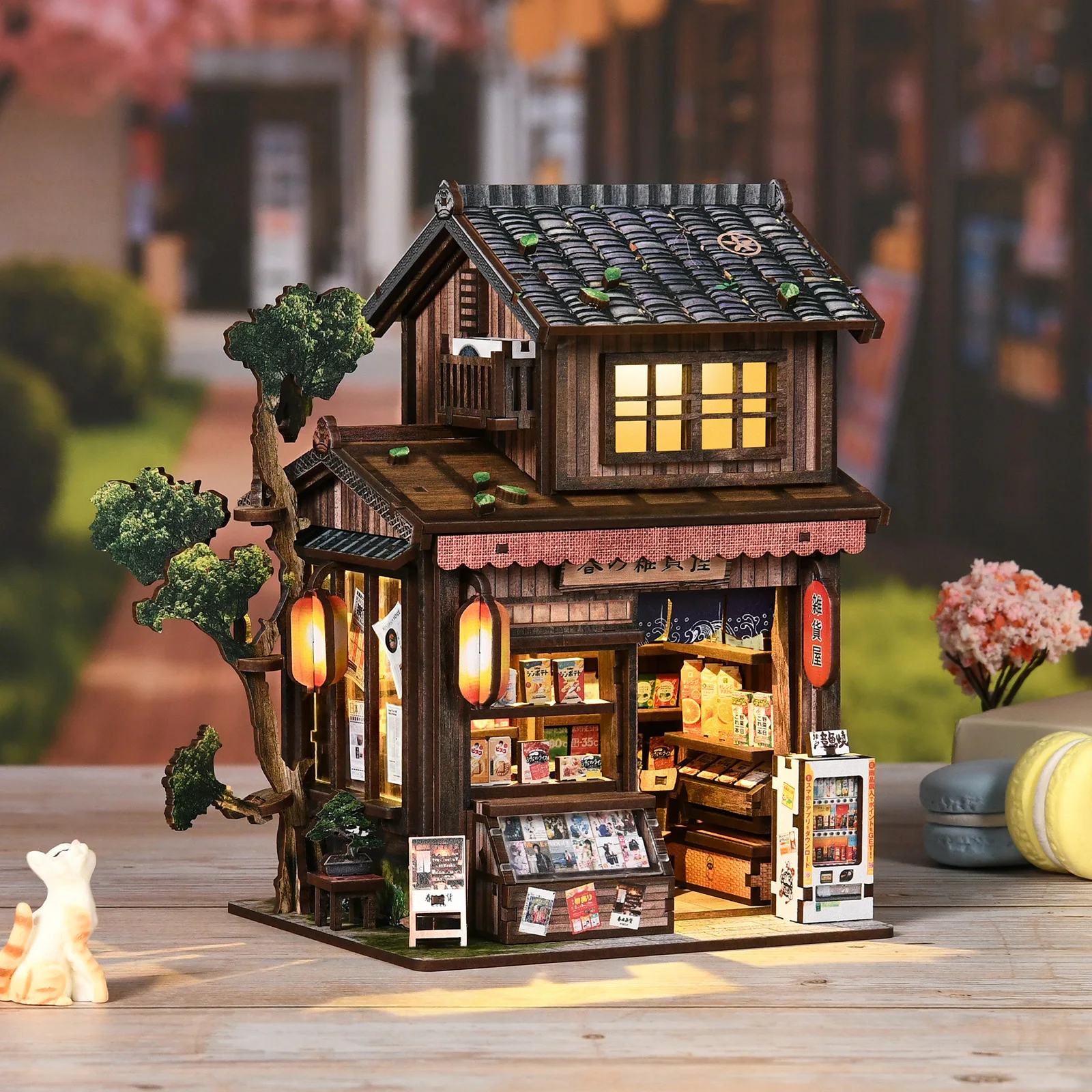 Wisdom Tree Bookshelf 3D DIY Mini House–Wooden Assembly Bookend with LED Light – Creative Desktop Decor & Gift for Book Lovers