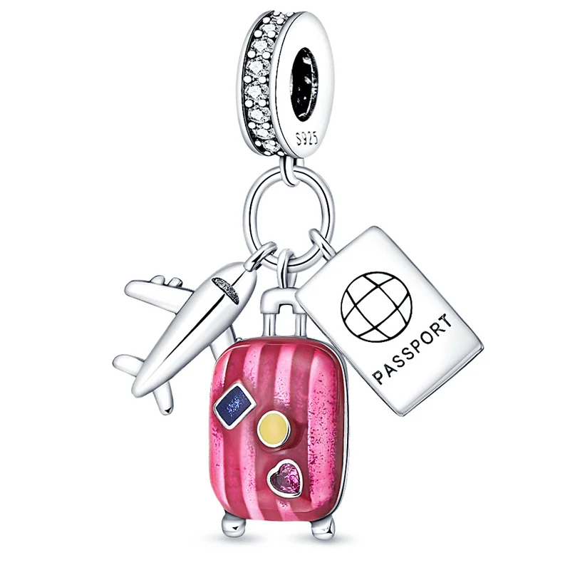 Original 925 Sterling Silber Charm Perlen Modische Rote Reise Koffer Tourismus Anhänger Perlen Für Armband DIY Charm Schmuck