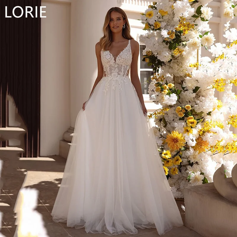 

LORIE A-line Princess Lace Appliques Sexy V-Neck Wedding Dress Spaghetti Strap Wedding Gowns Backless Bride Gown Customized 2025