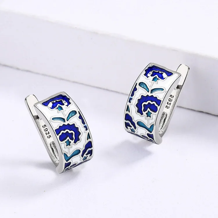 Classic Vintage Temperament Temperament Earrings Blue Enamel Studs Floral Fashion Party Ladies Graffiti Jewellery