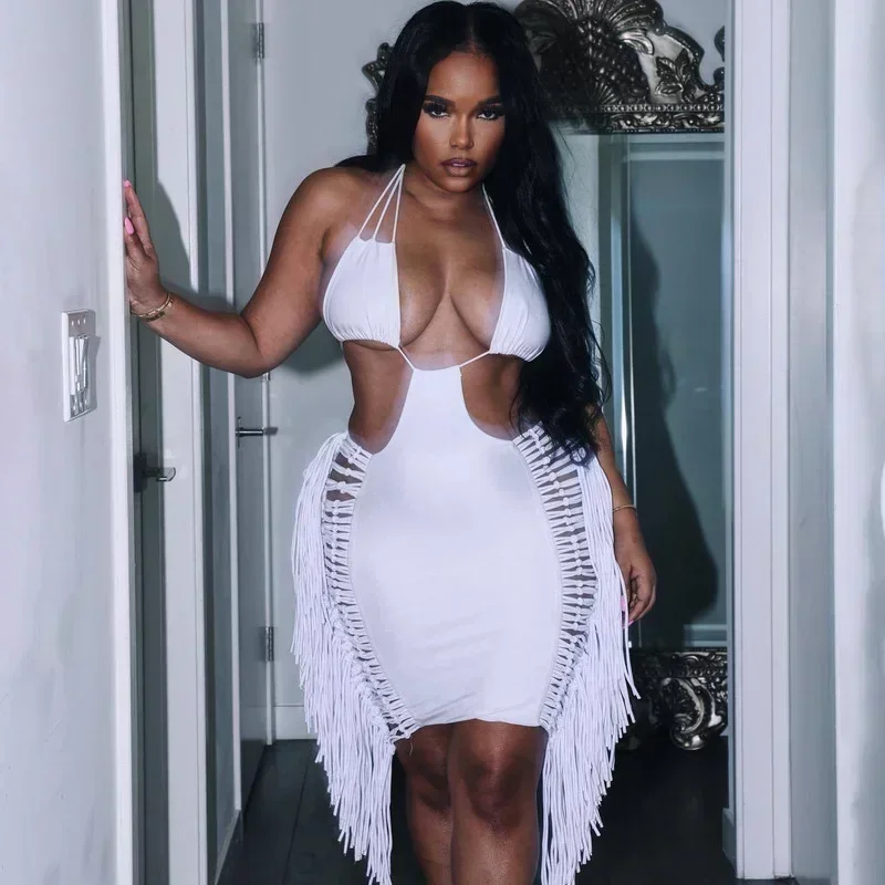 GUWU ノースリーブ ホルターネック カットアウト フリンジ ドレス オフショルダー パーティー ナイトドレス フェスティバル衣装 クラブウェア