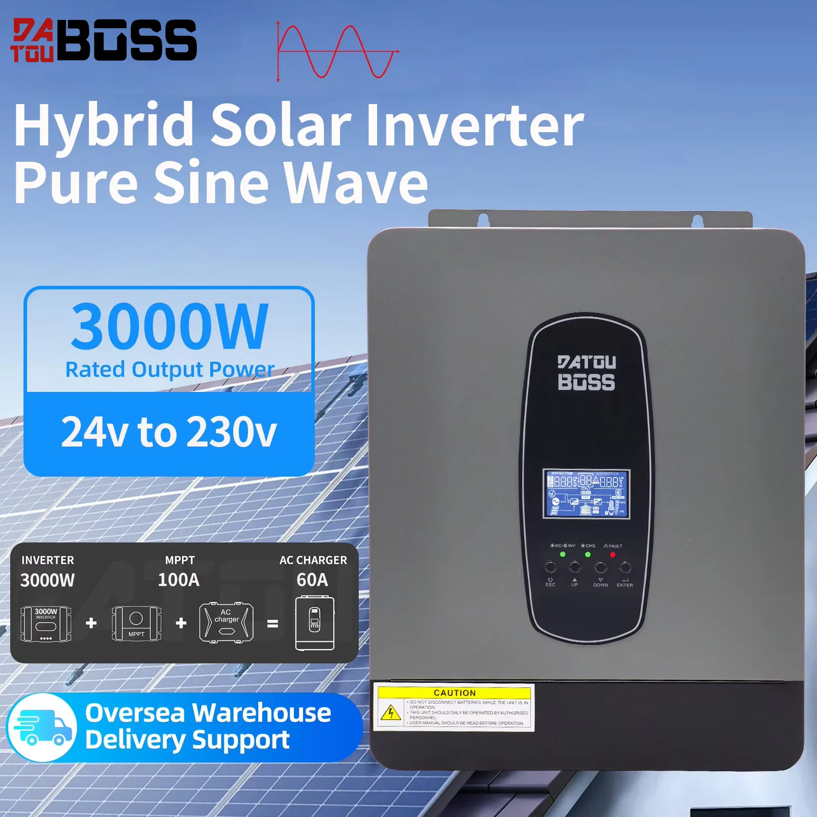 DATOUBOSS Solar Hybrid Inverter 24V Power Supply 3000W Output 220-240V Pure Sine Wave Band MPPT Battery Charging Pure Sine Wave