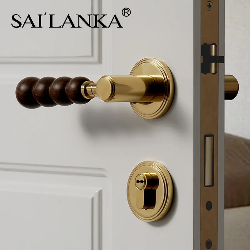 SAILANKA Brass Door Lock Black Walnut Handle Creative Bedroom Wooden Door Lock Magnetic Mute Room Door Handle Lock Set