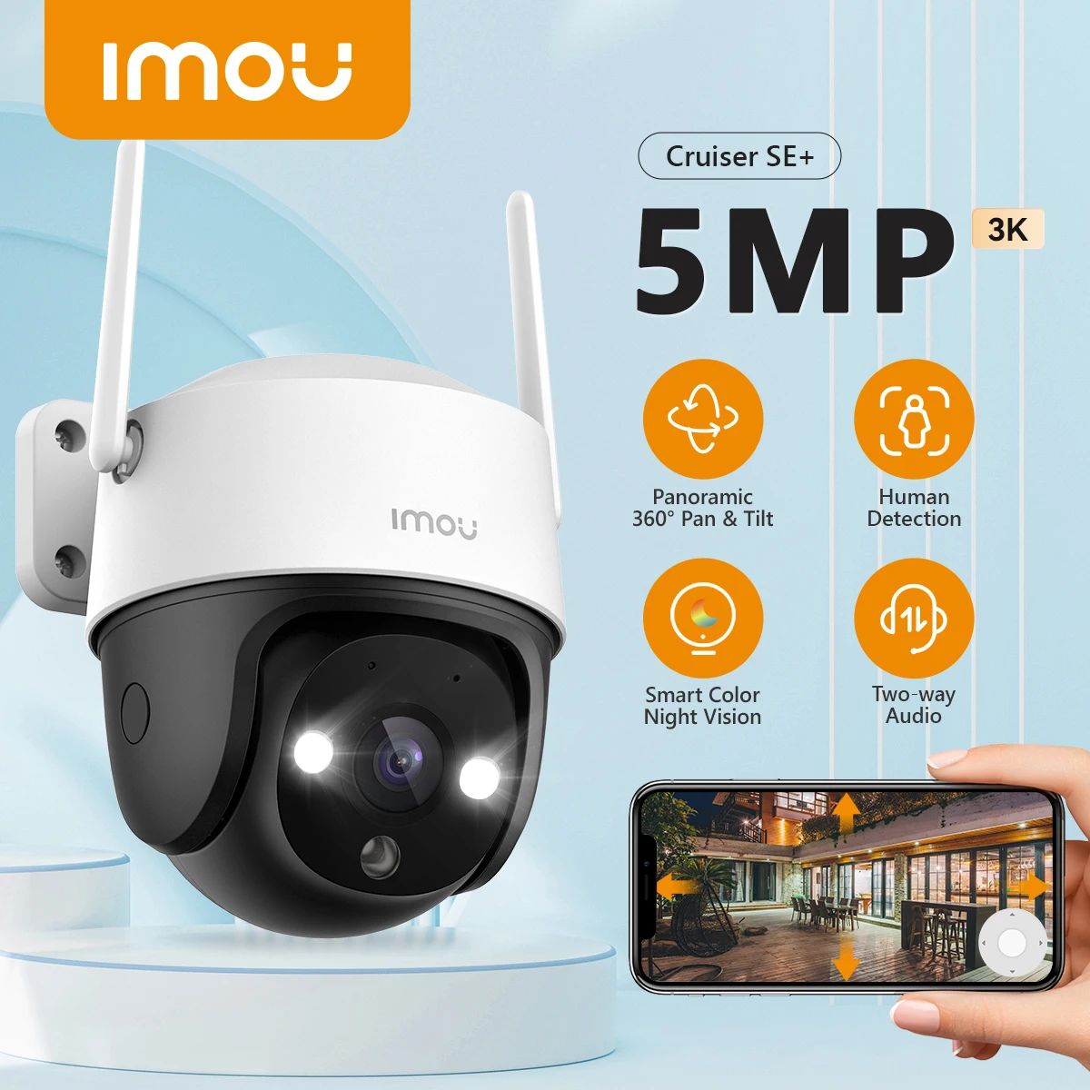 IMOU Cruiser SE+ 5MP 3K Full Color WiFi Camera Dual Antenna IP66 Weatherproof Smart Tracking AI Human Detection Outdoor Camera