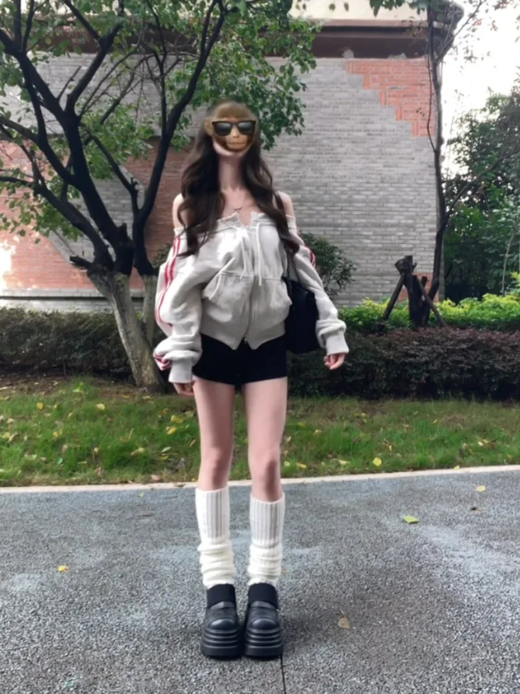 미국 핫걸 지퍼 스웨트셔츠 여성 슬림핏 어깨 노출 캐주얼 아우터웨어 한국 스타일 롱 슬리브 컬러