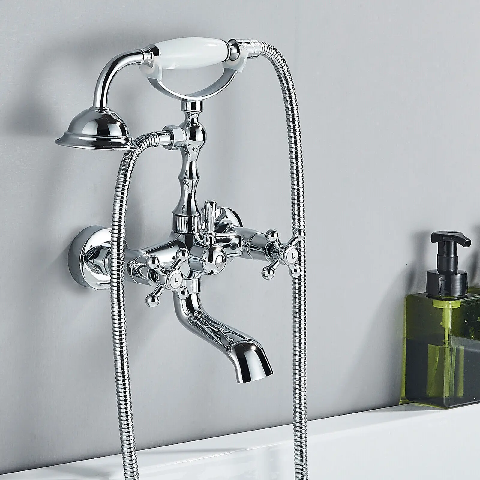 Polished Chrome Brass Clawfoot Tub Faucet Wall Mount Bathtub Filler Faucet with Hand Shower