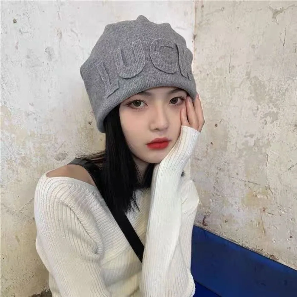 Polyester Fiber Women Beanie Hat Letter Embroidery Korean Japanese Style Letter Knit Beanie Soft Knit Fabric Pull On Hat Daily