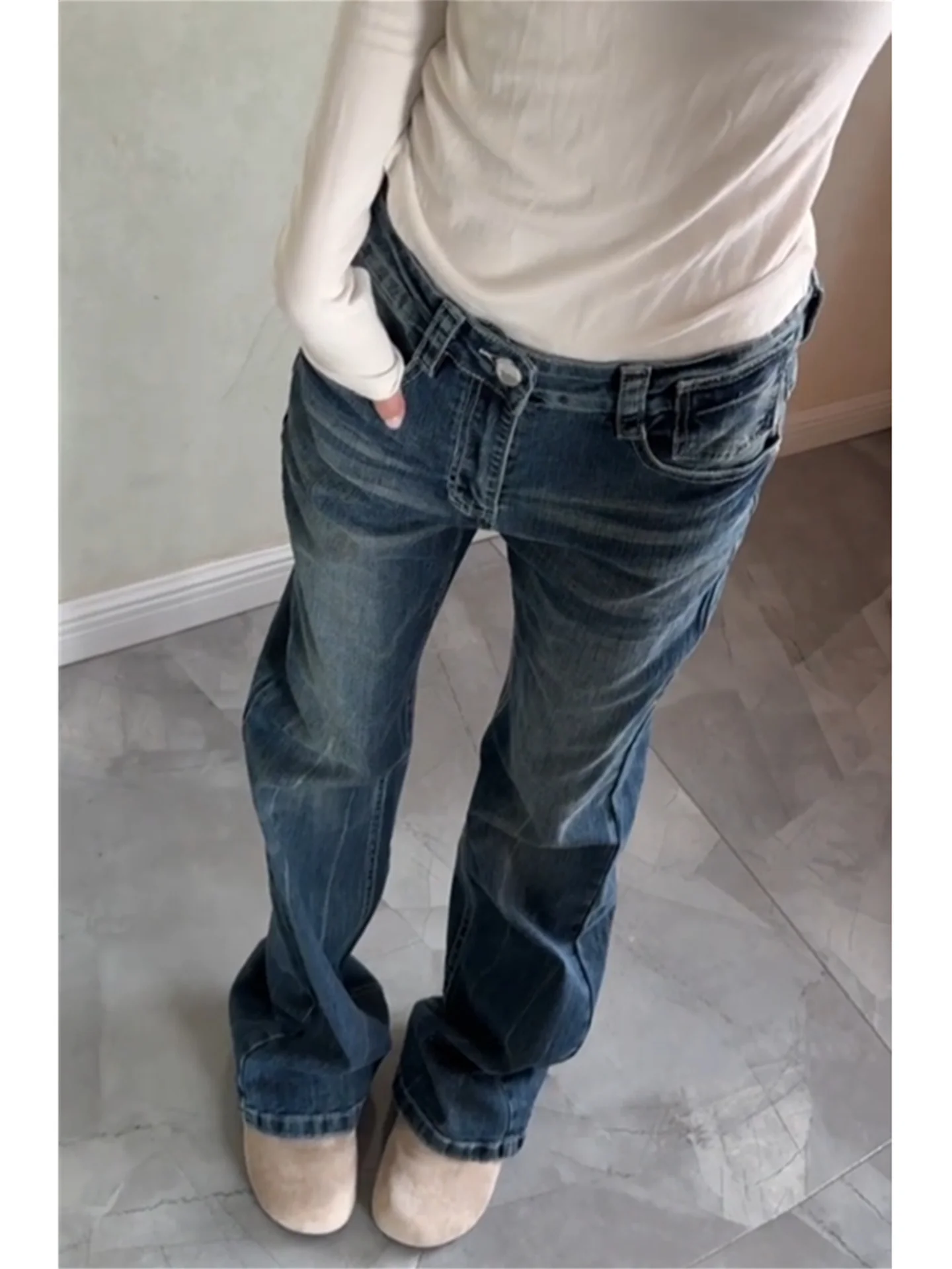 

Винтажные джинсы-клеш в американском стиле с низкой талией, женские, с эффектом похудения, весенние, модные, повседневные, из хлопкового денима