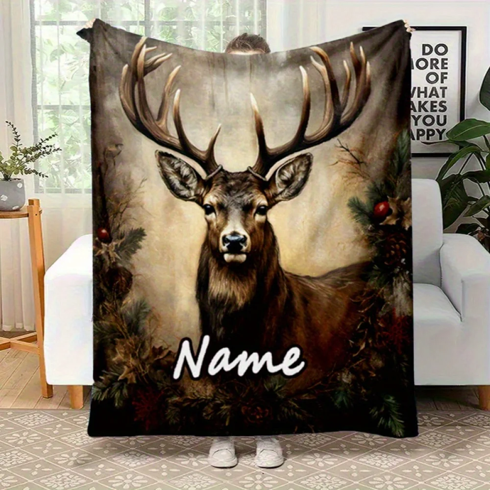 1 Stück personalisierte Flanelldecken mit Hirschmotiv, individueller Name, Digitaldruck, weich, warm, für alle Jahreszeiten, Weihnachts- und Geburtstagsgeschenk