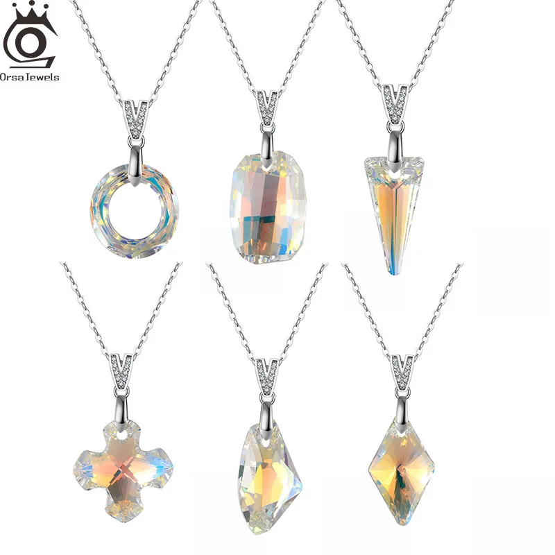 

ORSA JEWELS Crystal Stone Pendants Texture S925 Sterling Silver Necklace Original Luxury Fine Jewelry for Women Designer SWN29