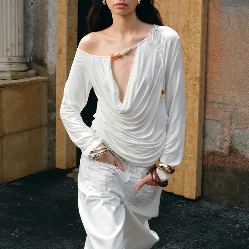 

Beaded Swinging Neck Off-the-shoulder Long-sleeved Smock Women's Lazy Pleated Off-the-shoulder Thin Deep V-top