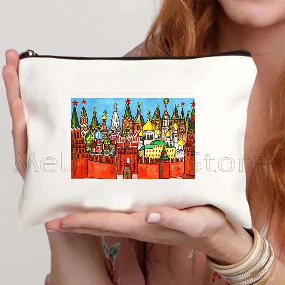 Russian Doll Girl Matryoshka Bear Folk Flower Travel Moscow Kremlin Russia Flag Canvas Cosmetic Bag Makeup Bag Pencil Case Pouch
