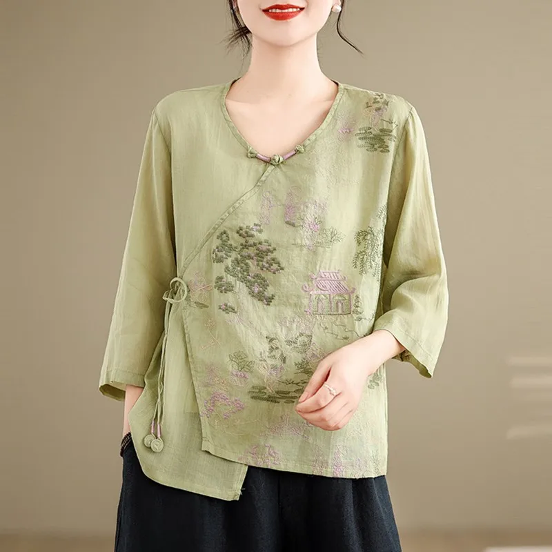 Women Casual Shirt New Arrival 2024 Spring Chinese Style Vintage Floral Embroidery Loose Female Cotton Tops Shirts B3591