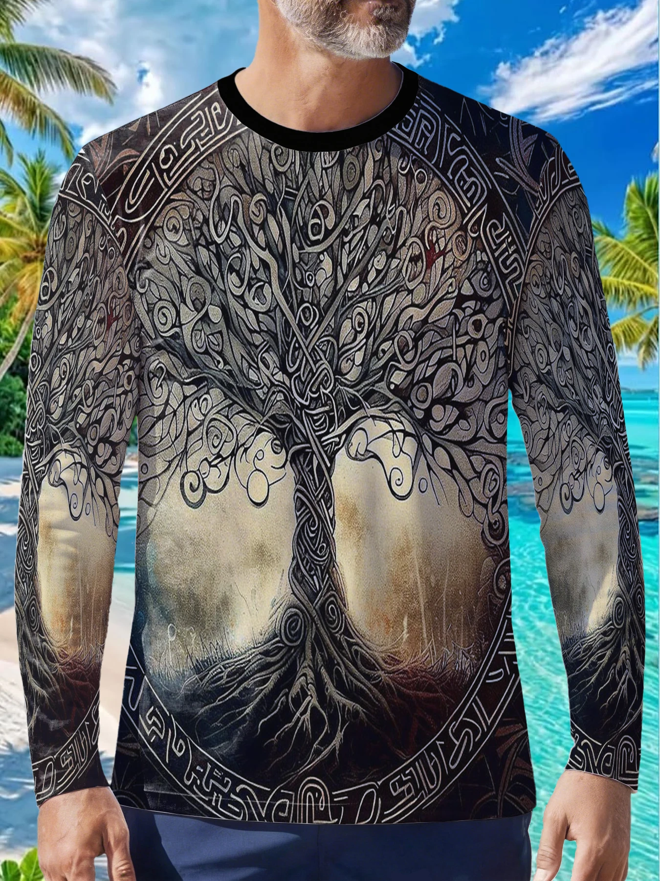 Viking Yggdrasil Tree Norse Myth Mens Polyester Long Sleeve T Shirt Celtic Knot Print Graphic Tee Vintage Casual Streetwear Outd