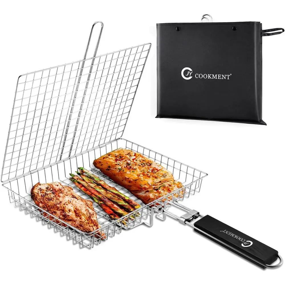 Portable Stainless Steel Grill Basket with Removable Handle for BBQ, Perfect for Grilling Vegetables, Shrimp, Fish, Steak, and O