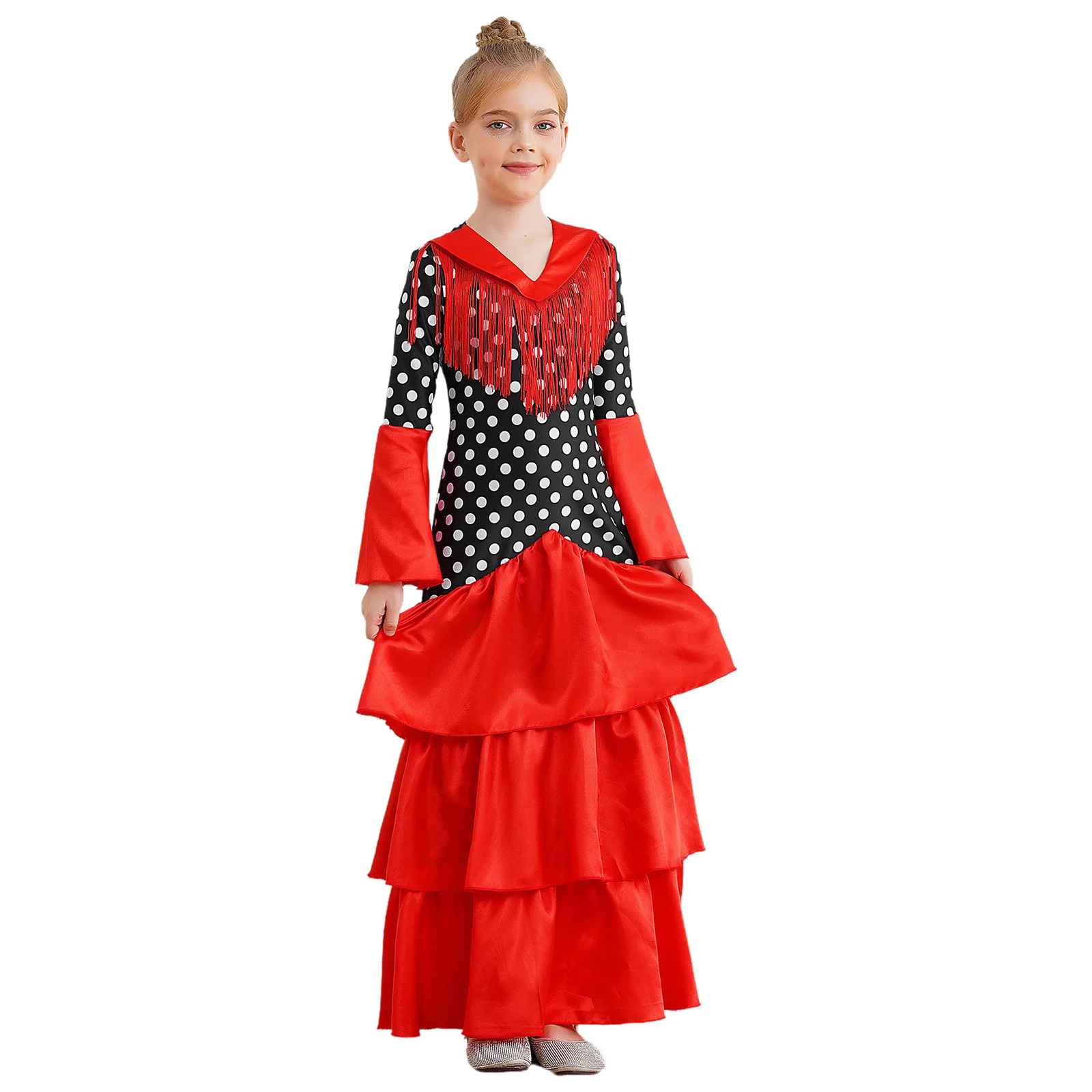 Girls Spanish Flamenco Dance Dress Ballroom Gypsy Bull Dancing Performance Costume Flared Sleeve Polka Dots Tiered Ruffle Dress