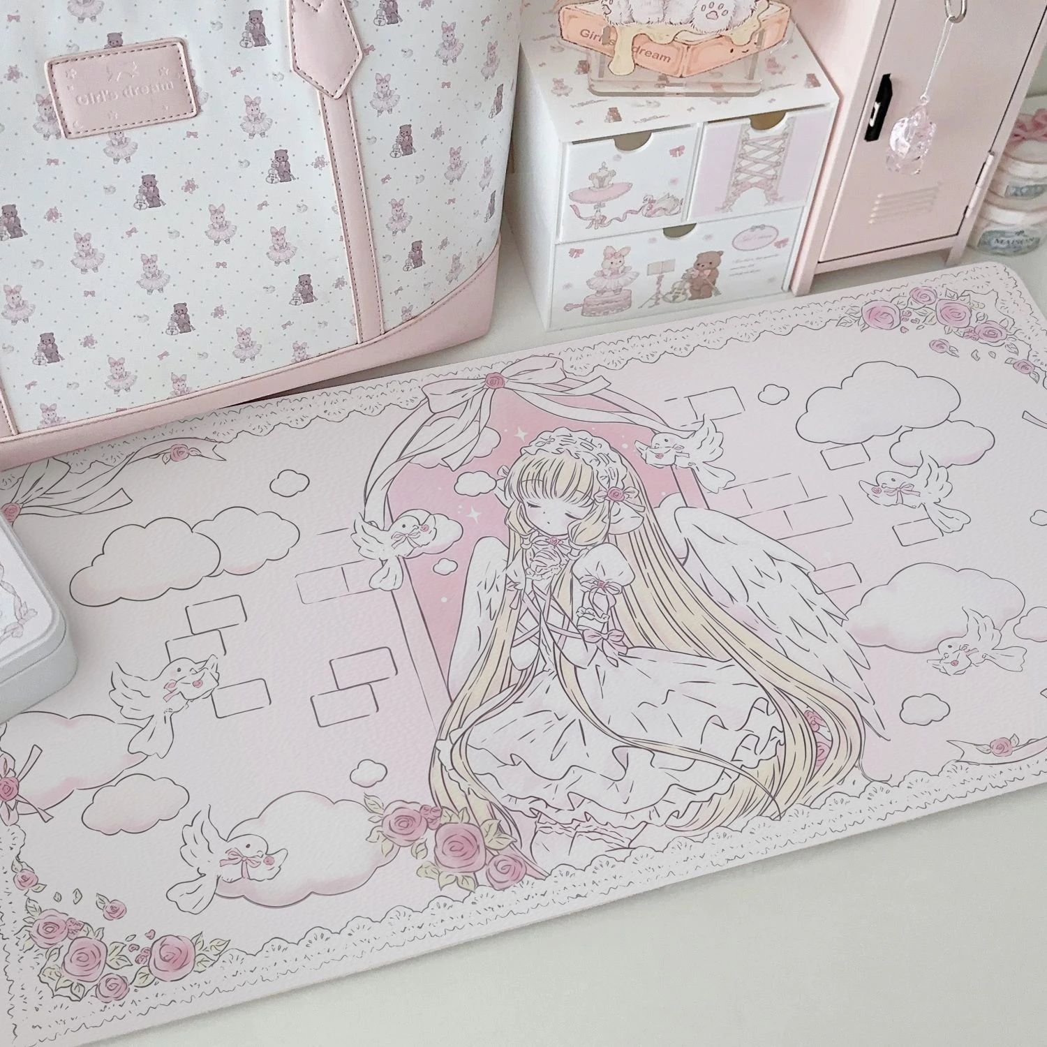 Cute Anime Girl Pink Angel Wing Pu Leather Mouse Pad Waterproof Desk Mat Y2K Protective Game Keyboard For Dorm Vanity Table Mat