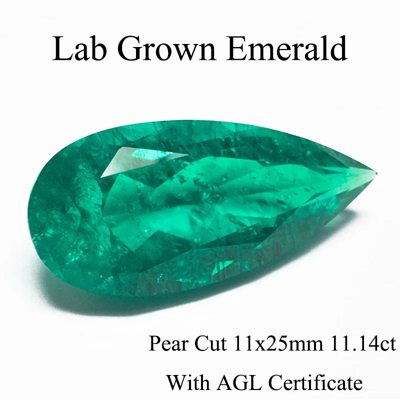 

Lab Grown Columbia Emerald Pear Shape Size 11x25mm 11CT Hydrothermal Emerald Cracks Inclusions Inside with AGL Certificate