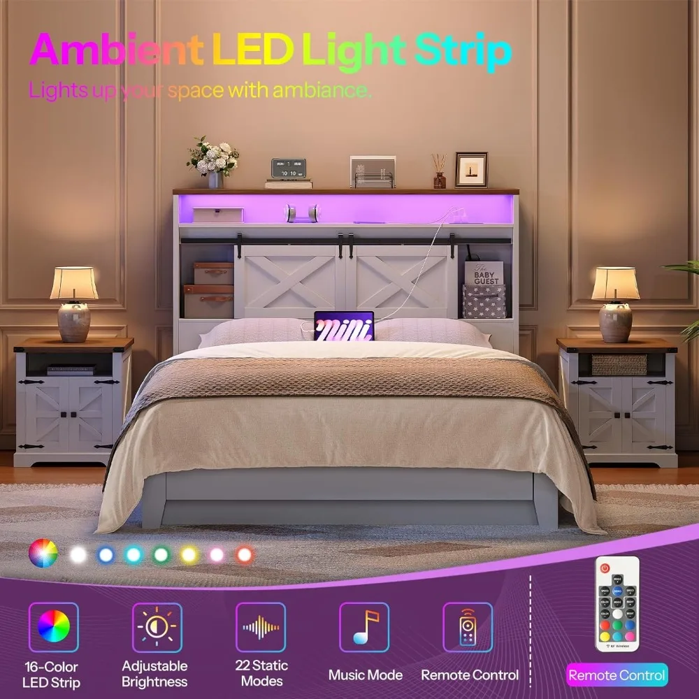 اللوح الأمامي بحجم كوين مع مساحة تخزين، ولوح أمامي Farmhouse Queen فقط مع محطة شحن وأضواء LED، ولوح أمامي لخزانة الكتب #3