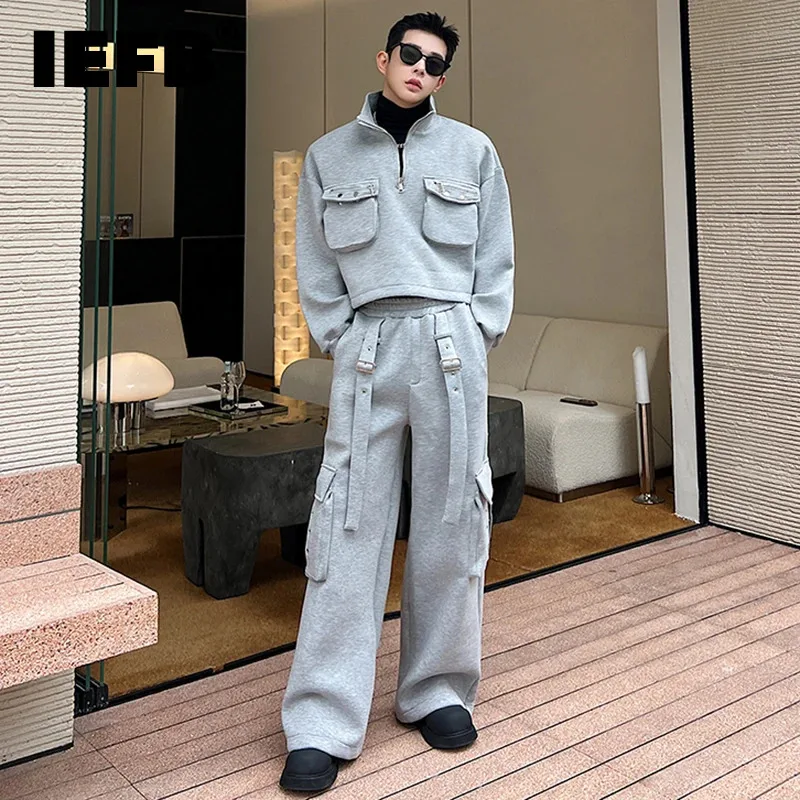 

IEFB 2024 Autumn Men's Two-Piece Set Loose Half Zipper Stand Collar Sweatshirts Wide Leg Sweatpants Suits New Korean 9C3219