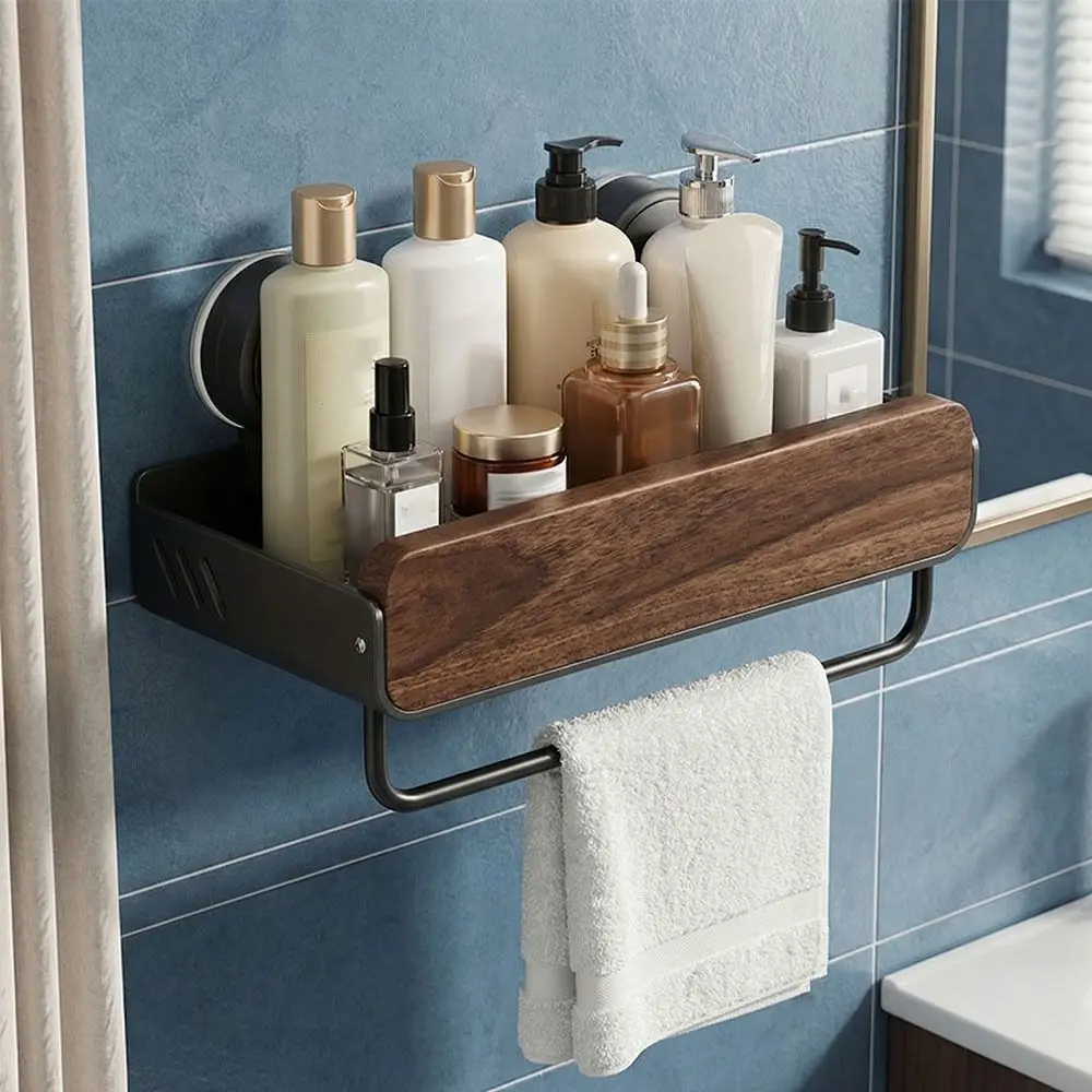 

Mid-Century Modern Bathroom Shelf Strong Grip Walnut Finish Wall Mounted Organizer Drill-Free Suction Cup Hanging Shelf Restroom