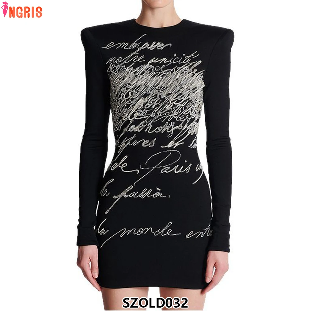 

High Street Fashion Letter Beading Diamond Stretch Long Sleeve Dress Elegant Ladies Party Skirt-SZOLD032