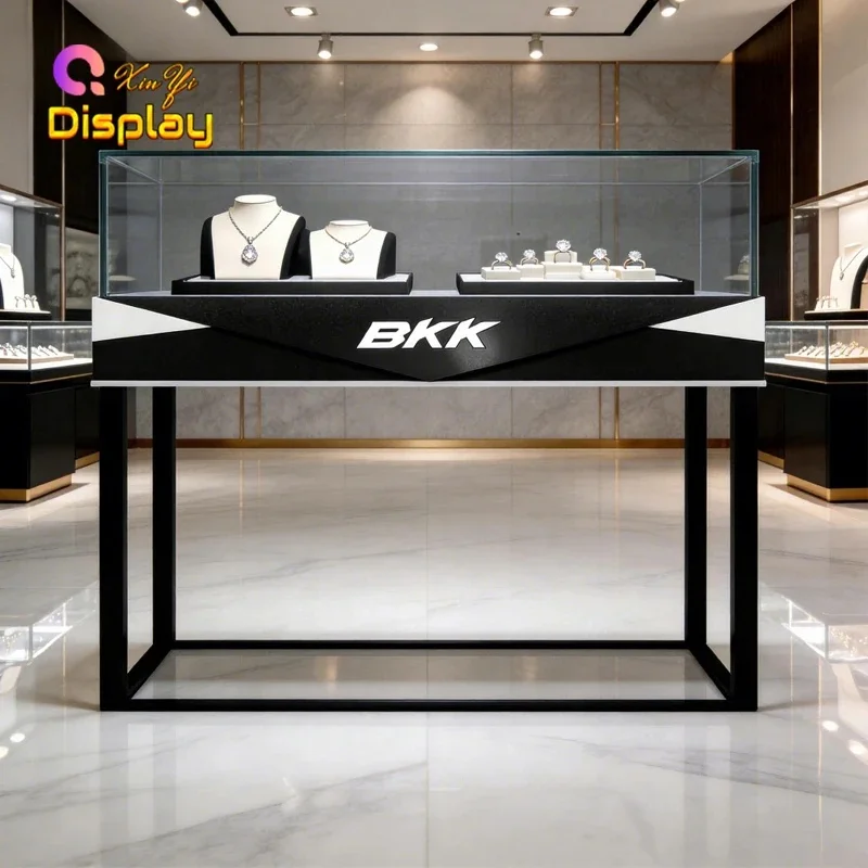 custom.OEM ODM Luxury Commercial Jewelry Showcase with LED Lighting Tempered Glass Stainless Steel Frame Custom Size & Color
