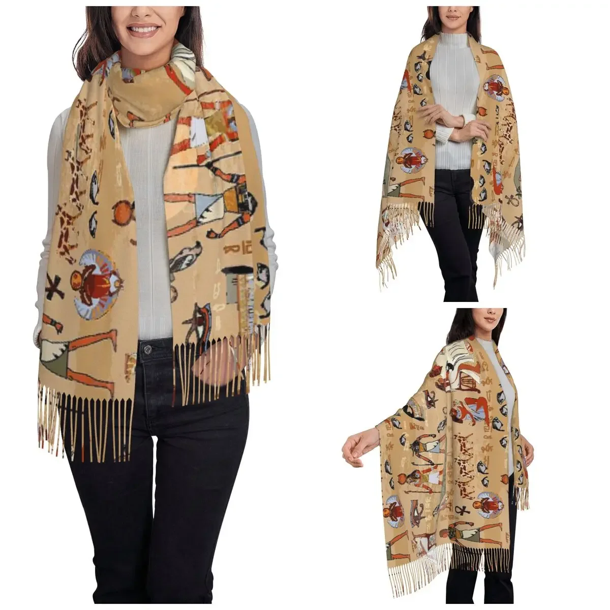 Women's Tassel Scarf Egyptian Symbol Long Soft Warm Shawl and Wrap Ancient Egypt Boho Tribal Gifts Cashmere Scarf