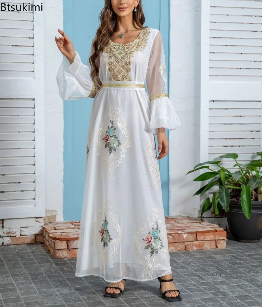 New 2026 Eid Muslim Party Dress for Women Ramadan Abaya Embroidery Flare Sleeve Long Dress with Belt Vestidos Largos Dubai Robe
