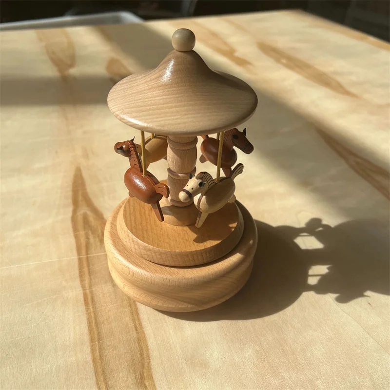 Wooden Carousel Music Box Ornaments Rotatable Hand-cranked Music Box DIY Handmade Birthday Christmas Gift Children’s Toys