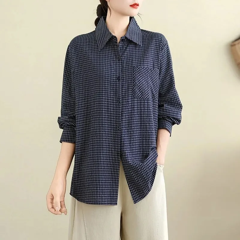 

Spring and Autumn Button Lapel Plaid Long Sleeve Retro Shirt Casual Loose Top