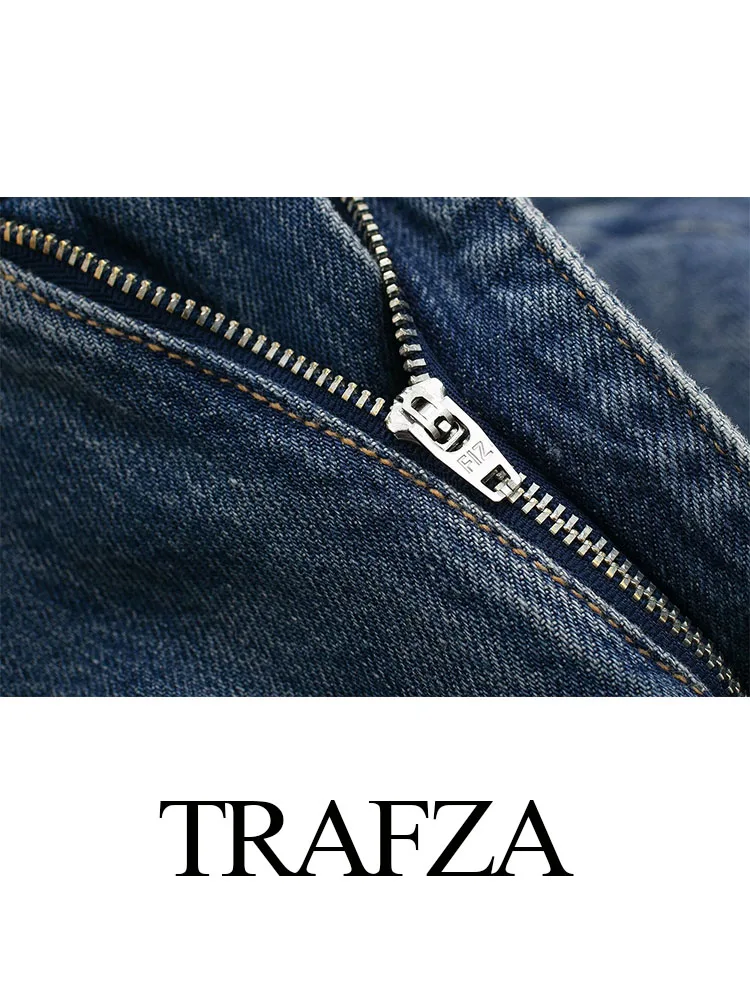 TRAFZA 여성용 데님 바지, 캐주얼 운동 지퍼, 와일드 스트리트웨어, 미드 웨이스트 스트레이트 팬츠, 블루, 여름 신상 패션