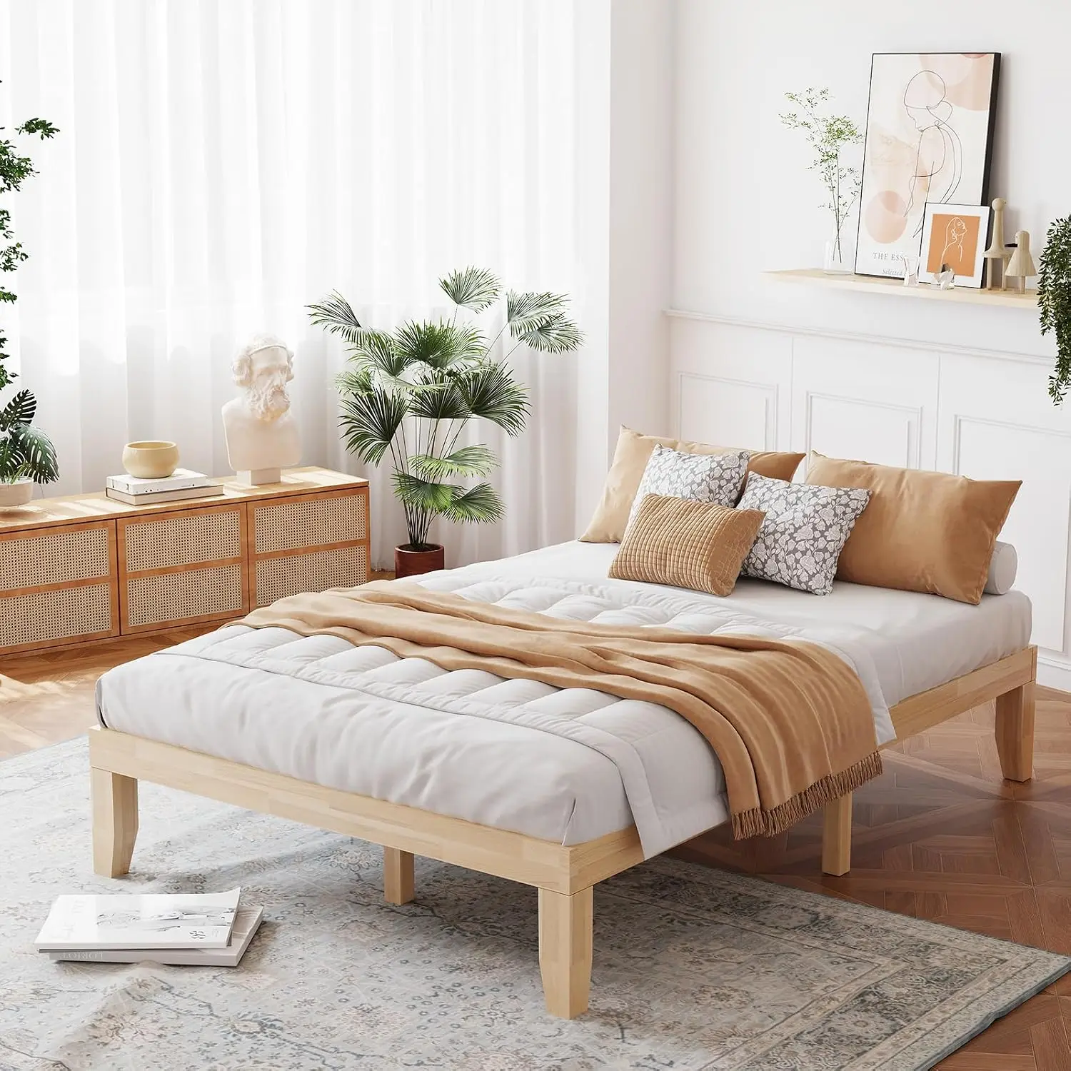 14 Inch Full Wood Platform Bed Frame Solid Rubber Wood Heavy Slat Support No Headboard Easy Assembly, Customized