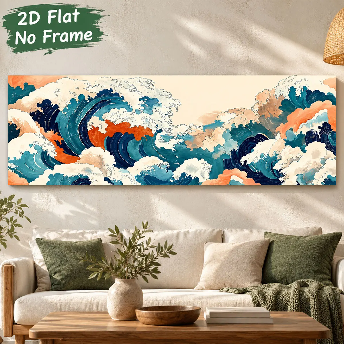Horizontal Japanese Wave Canvas Wall Art,Ukiyo-e Inspired Ocean Waves Print,Vintage Sea Art,Large Living Room Sofa Home Decor