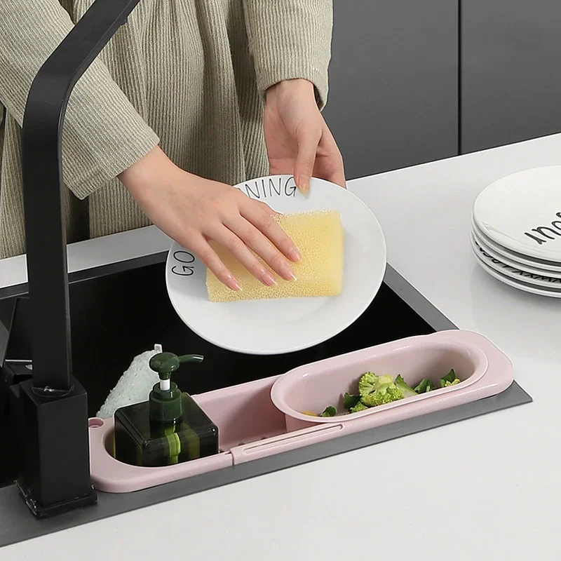 Telescopic Sink Rack Kitchen Organizer Drainer Rack Storage Basket Bag Faucet Soap Sponge Holder Adjustable Kitchen Accessories