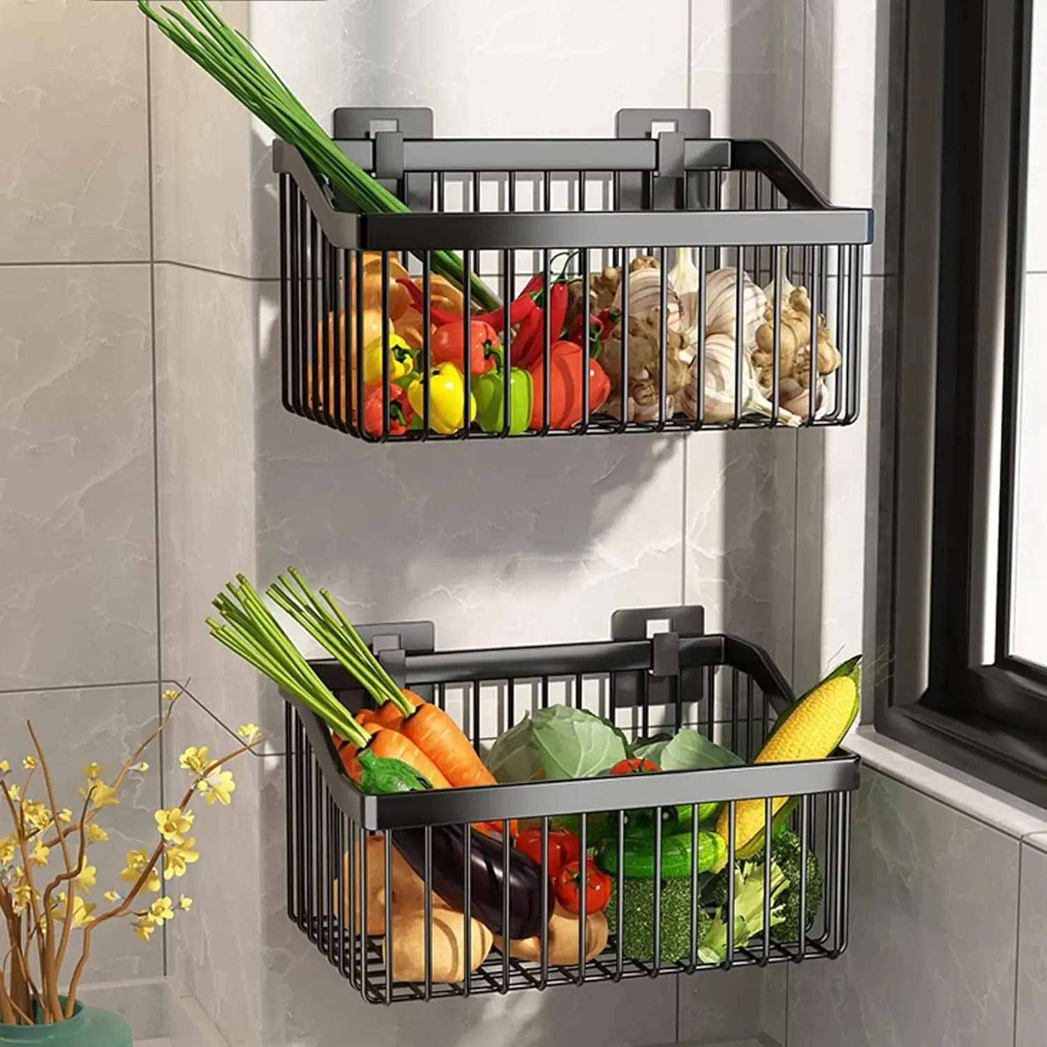 

Countertop Fruit Rack Vegetable Stand 2 Tier Metal Wire Storage Basket Wall Mounted Keeps Produce Fresh