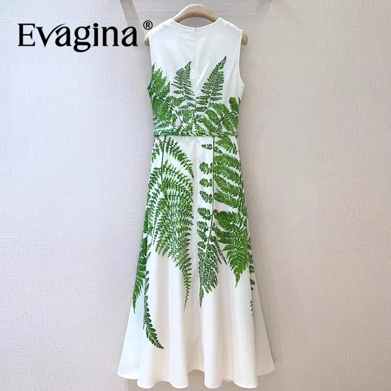 Evagina Zielony nadruk Romantyczna codzienna podstawowa sukienka w stylu wakacyjnym dla kobiet Długie bawełniane sukienki bez rękawów z paskiem