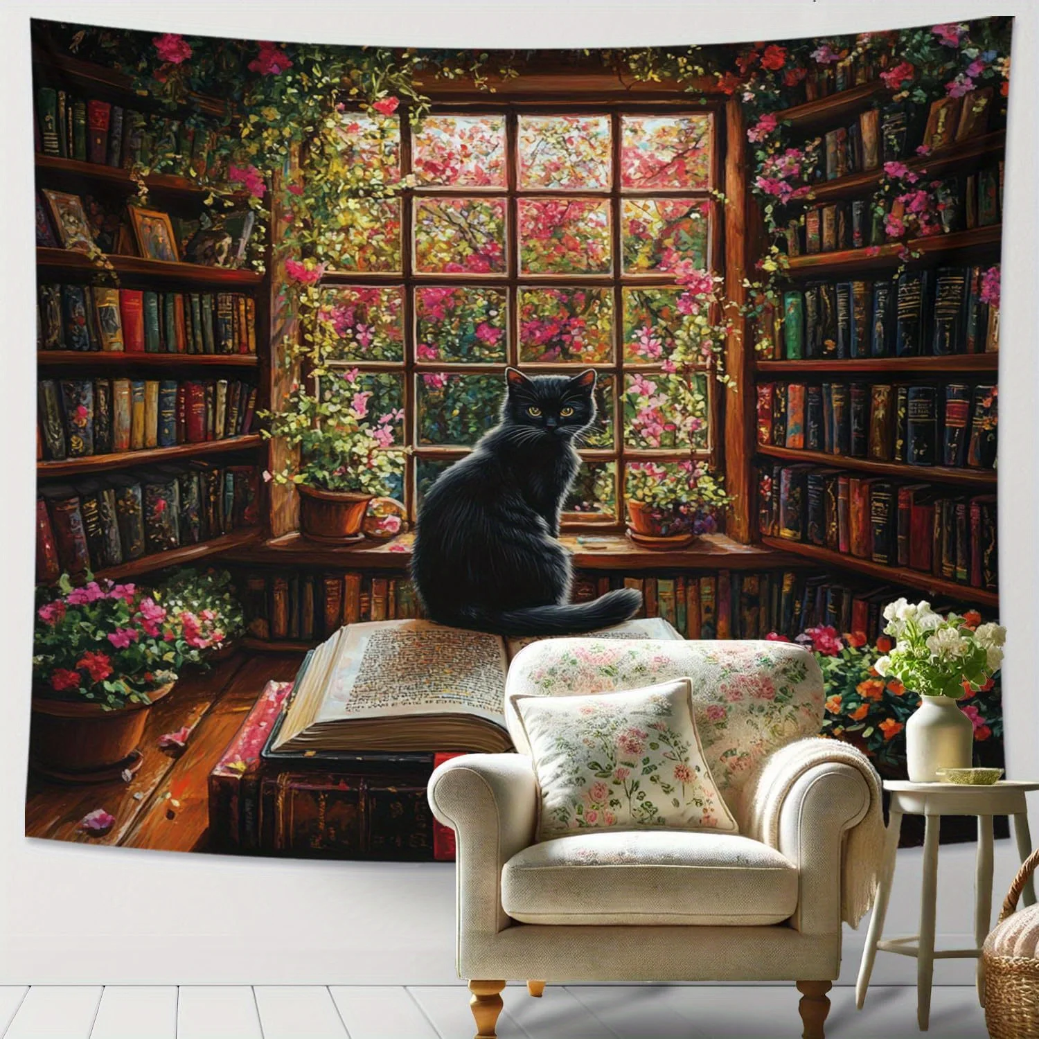 Cozy Library Cat Tapestry: Charming, Elegant, and Uniquely Inviting Wall Art for a Warm Home Decor Statement