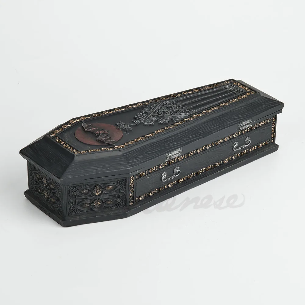 Gothic Bat Pattern Resin Coffin Figurine Dark Vintage Decorative Ornament Home Office Tabletop Display Halloween Decoration Gift