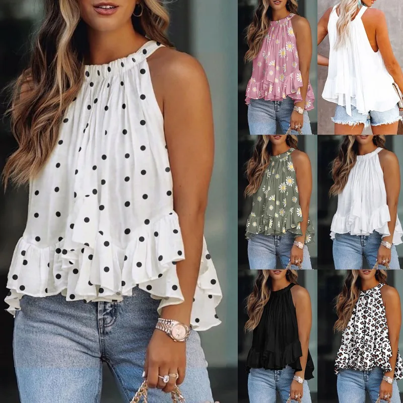 Women Summer New Print Halter Adjustable Tie Back Tank Top Hot Sale Casual Beach EU US Style Cami