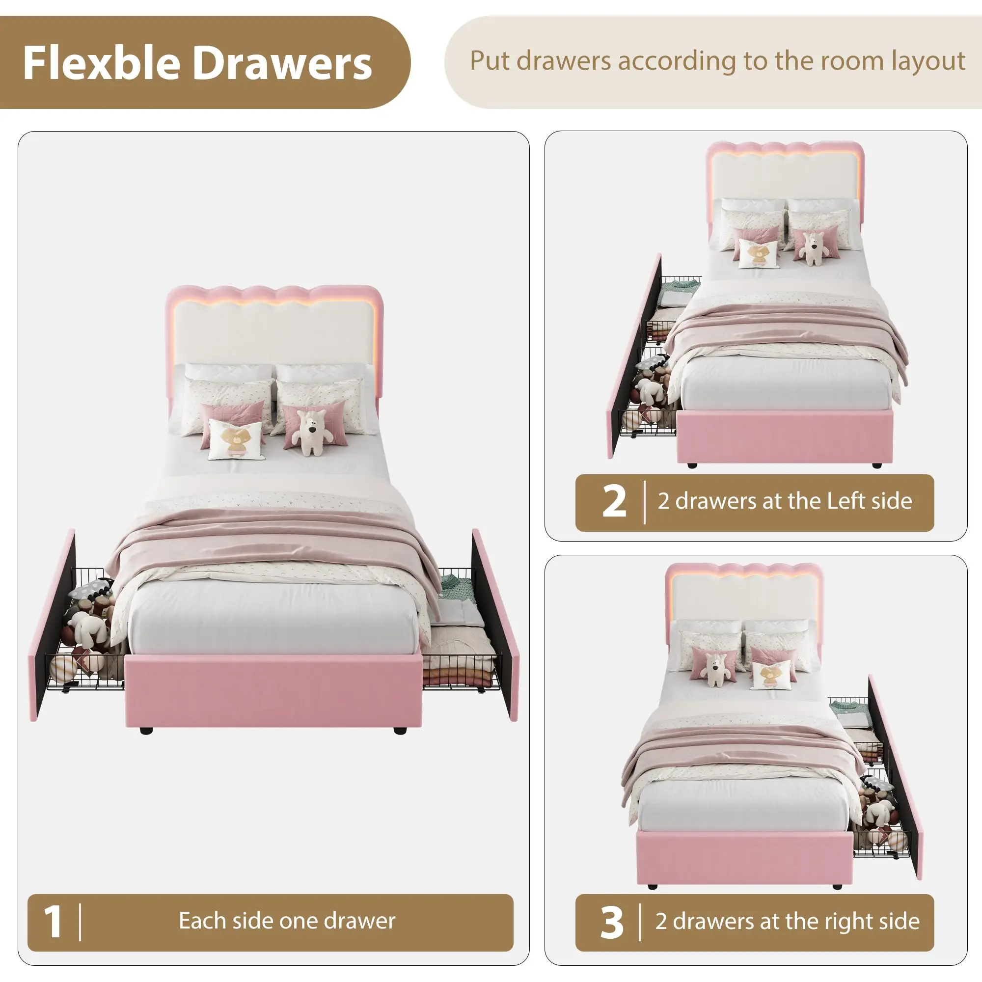 LED Upholstered Platform Bed Frame with 2 Storage Drawers – Adjustable Double Wave Headboard, Velvet Princess Style, Heavy Duty Metal & Wood Support, No Box Spring Needed, Modern Bedroom Furniture, Queen - view 6
