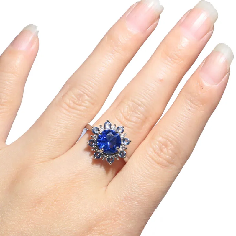 Real 925 Solid Sterling Silver Rings 8x8mm Gorgeous 3.6g Golden Citrine Rich Blue Violet Tanzanite Ladies