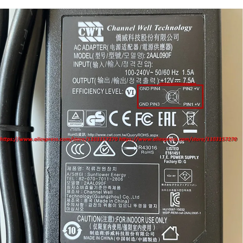 2AAL090F Genuine CWT 12V 7.5A 4-Pin Din 90W AC Adapter Charger For Netgear ReadNAS P/N 332-10363-02, 332-10581-01 Power Supply