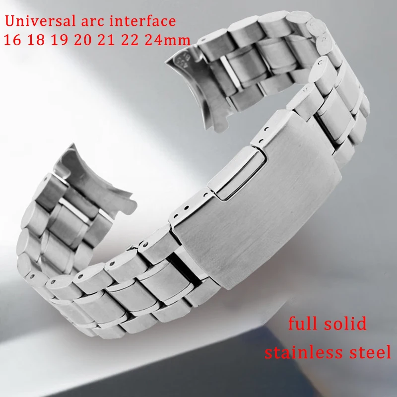 Solid Stainless Steel Watchband 16mm 18mm 20mm 22mm 24mm Curved End Universal Straps Folding Buckle Wrist Band Belt Accessories