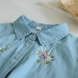 Mori girl autumn ruffled stand collar long sleeve tops flowers embroider denim shirts blouses korean style women's clothing