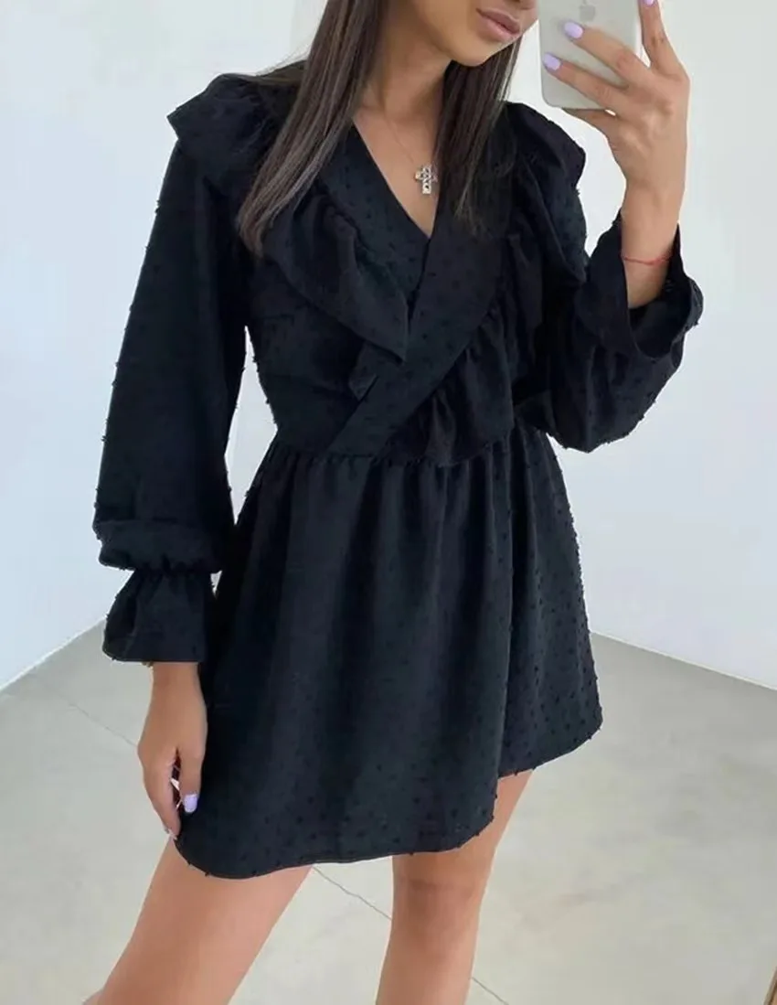 Ele A-Line Dr con finiture in pizzo V-Ne Bubble Sve Gonna lunga Sve ort Colore puro Chiusura a vita alta Dr da donna